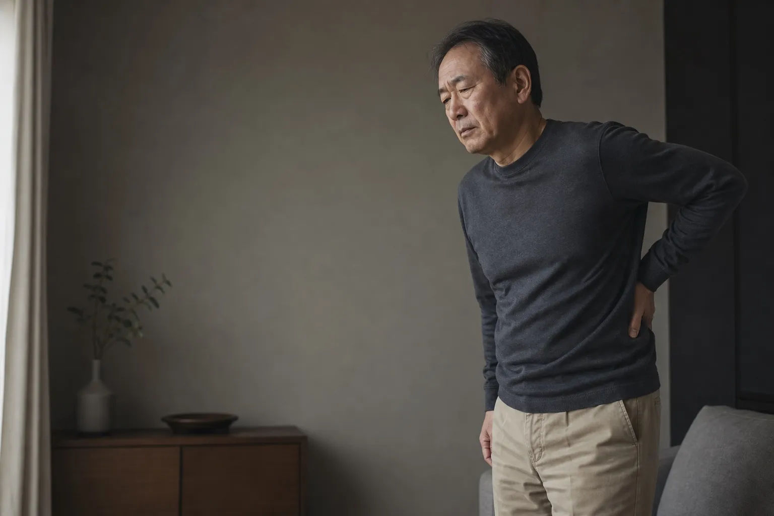 허리 통증으로 손으로 허리를 짚고 있는 중년 남성