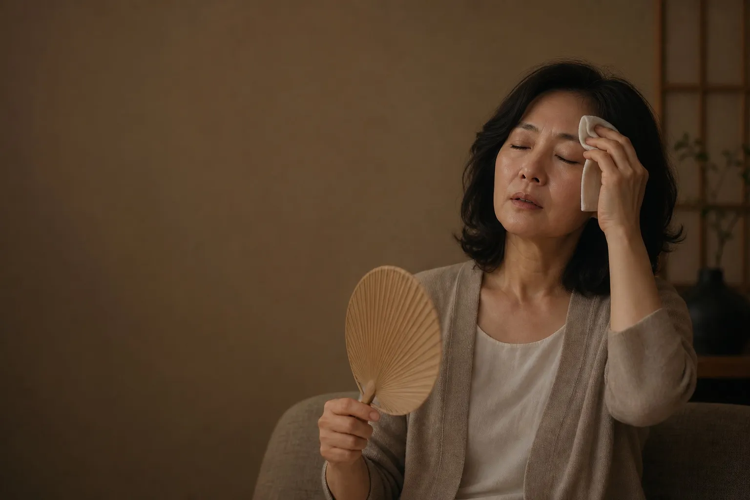 창가에서 사색에 잠긴 중년 여성